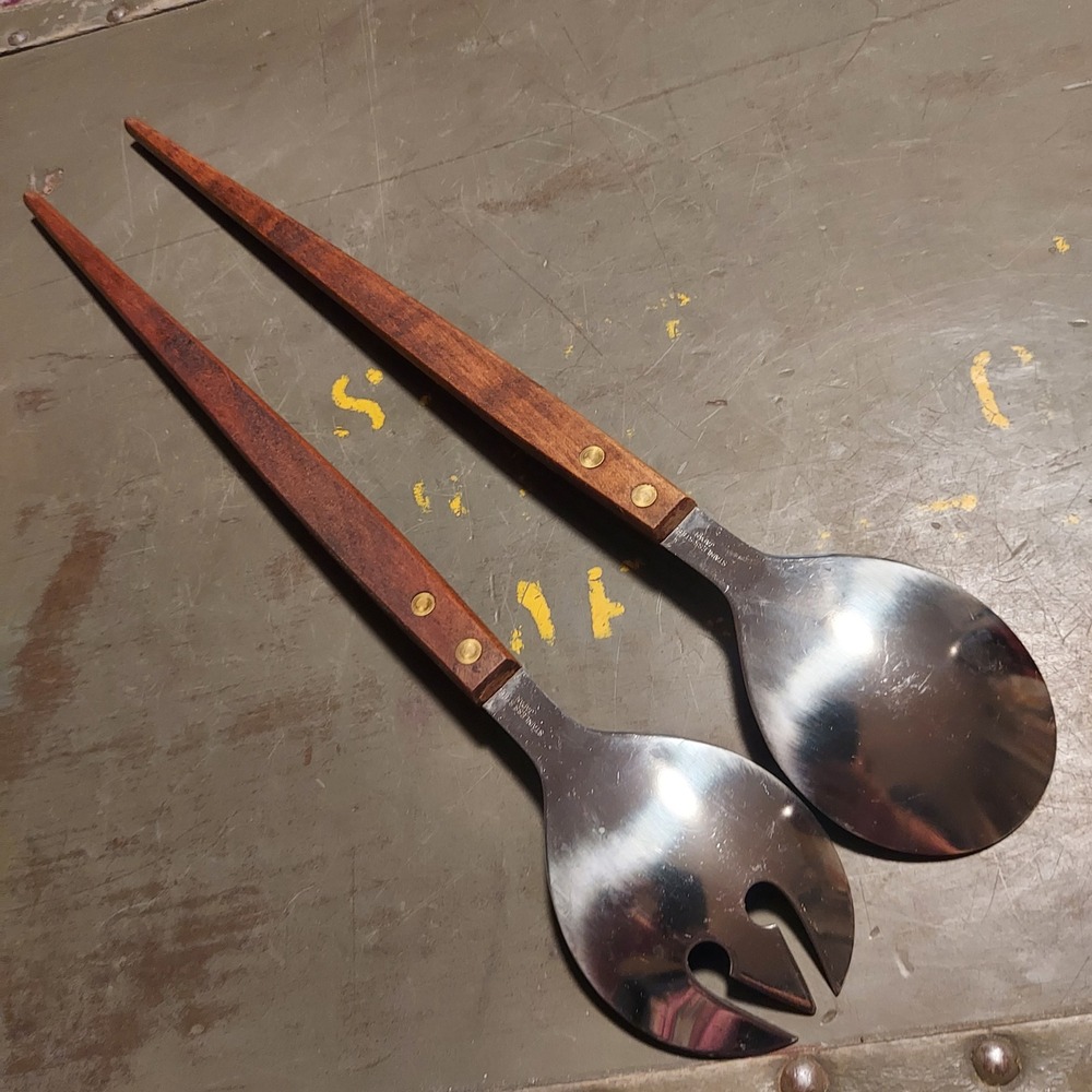 Vintage MCM Salad Serving Set 13 Inch Teak Wood Handle Stainless Steel 2 Piece - Picture 4 of 5